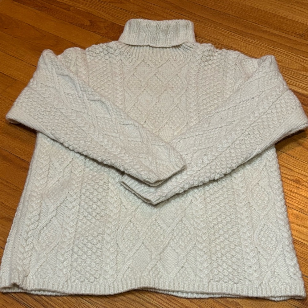 J. Crew Wool Fisherman Cable Knit Turtleneck Sweater in Cream